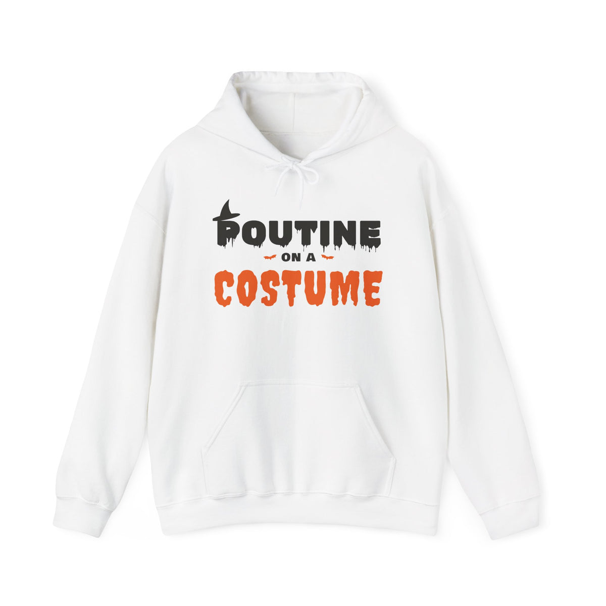 White hoodie with "Poutine On A Costume" Halloween graphic.