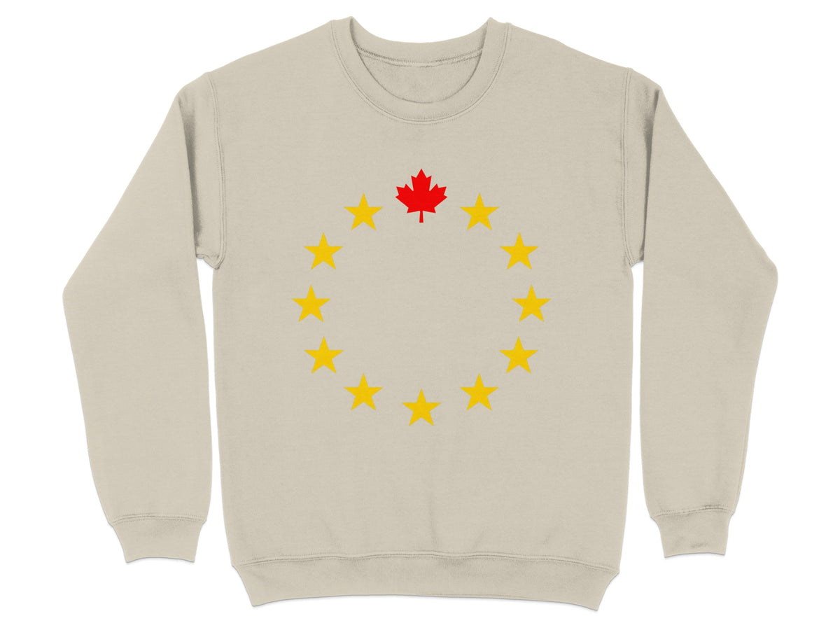 Light beige sweatshirt with a red maple leaf surrounded by yellow stars in a circle.