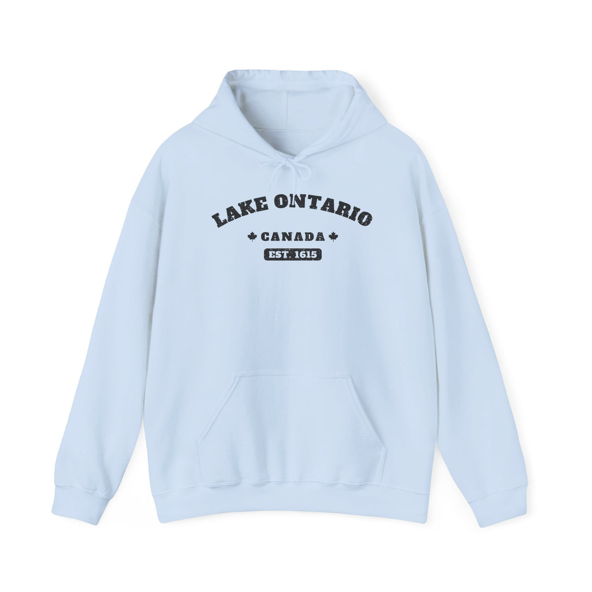Light blue hoodie with "Lake Ontario Canada Est. 1615" text.