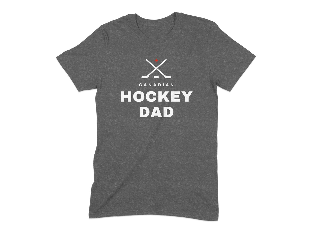 Dark grey t-shirt with "CANADIAN HOCKEY DAD" text and hockey stick graphic.