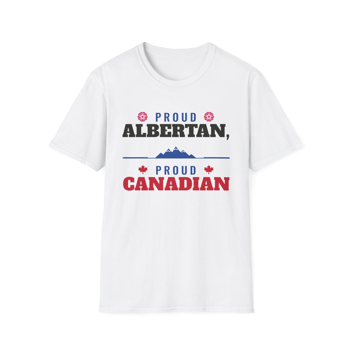 White t-shirt with "Proud Albertan" and "Proud Canadian" text and graphics.