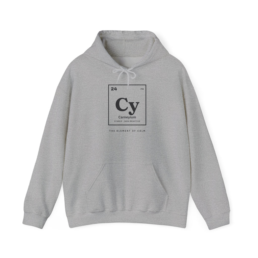 Gray hoodie with "Cy" element symbol, "Carneyium", and "The Element of Calm."