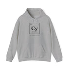 Gray hoodie with "Cy" element symbol, "Carneyium", and "The Element of Calm."