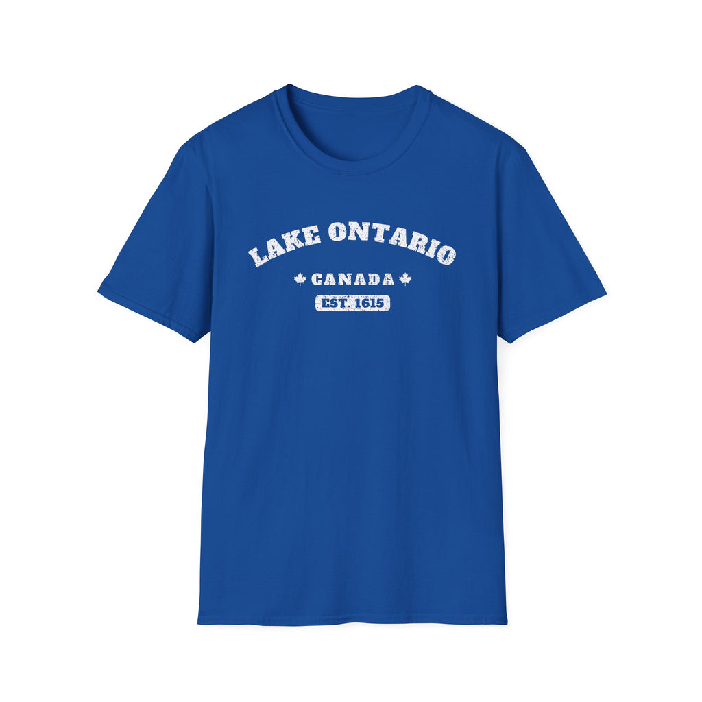 Blue t-shirt with "Lake Ontario Canada Est. 1615" distressed text.