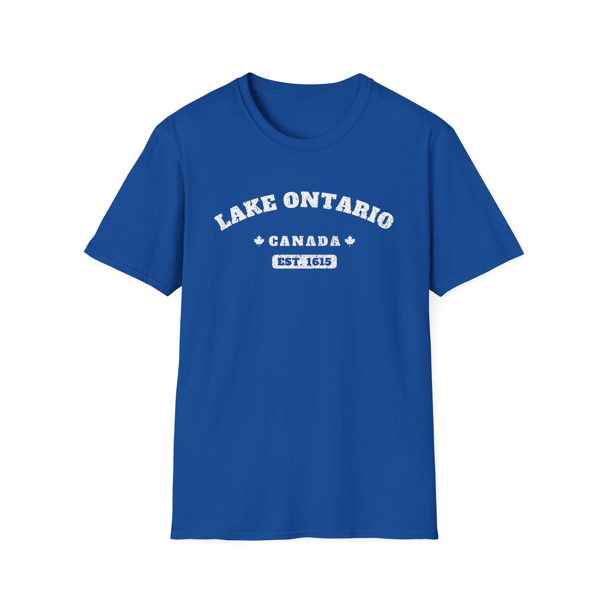 Blue t-shirt with "Lake Ontario Canada Est. 1615" distressed text.