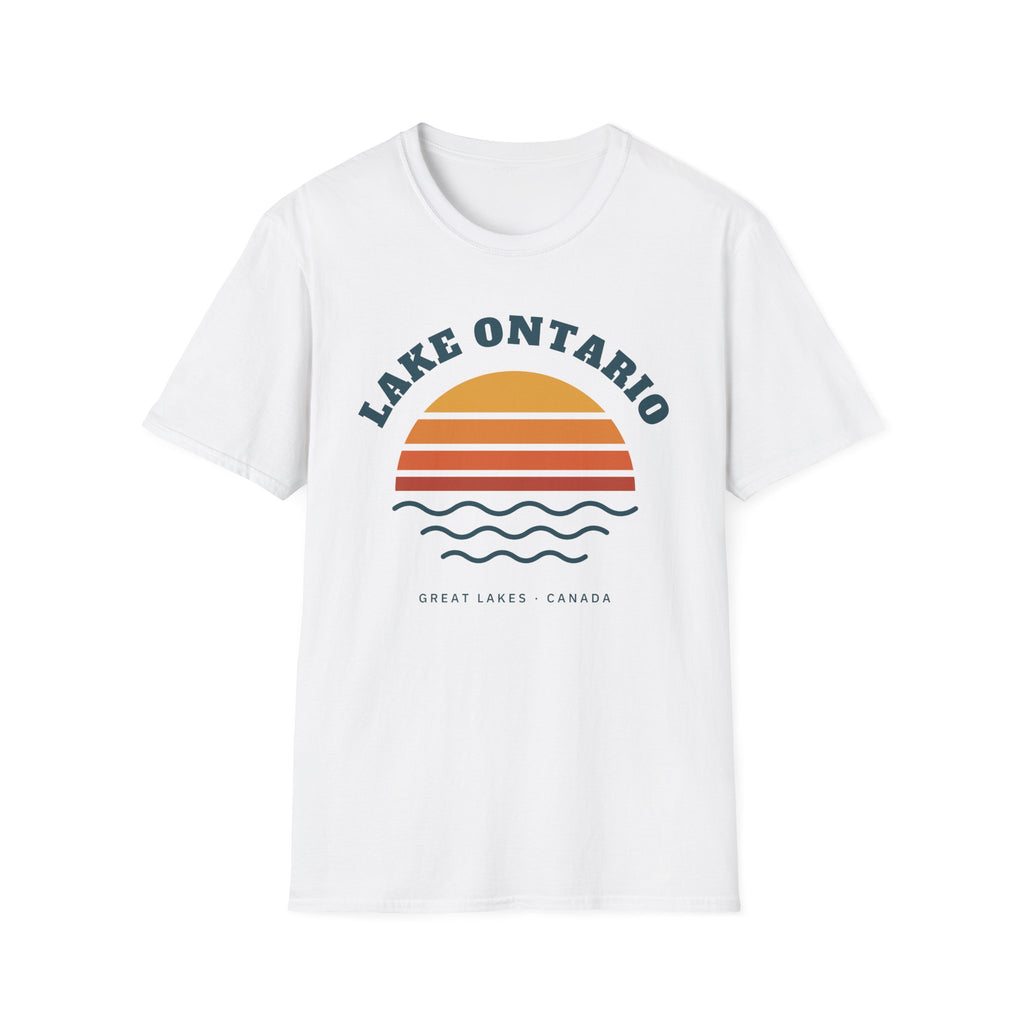 White t-shirt with a retro sunset graphic for Lake Ontario, Great Lakes, Canada.