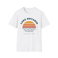 White t-shirt with a retro sunset graphic for Lake Ontario, Great Lakes, Canada.