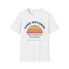 White t-shirt with a retro sunset graphic for Lake Ontario, Great Lakes, Canada.
