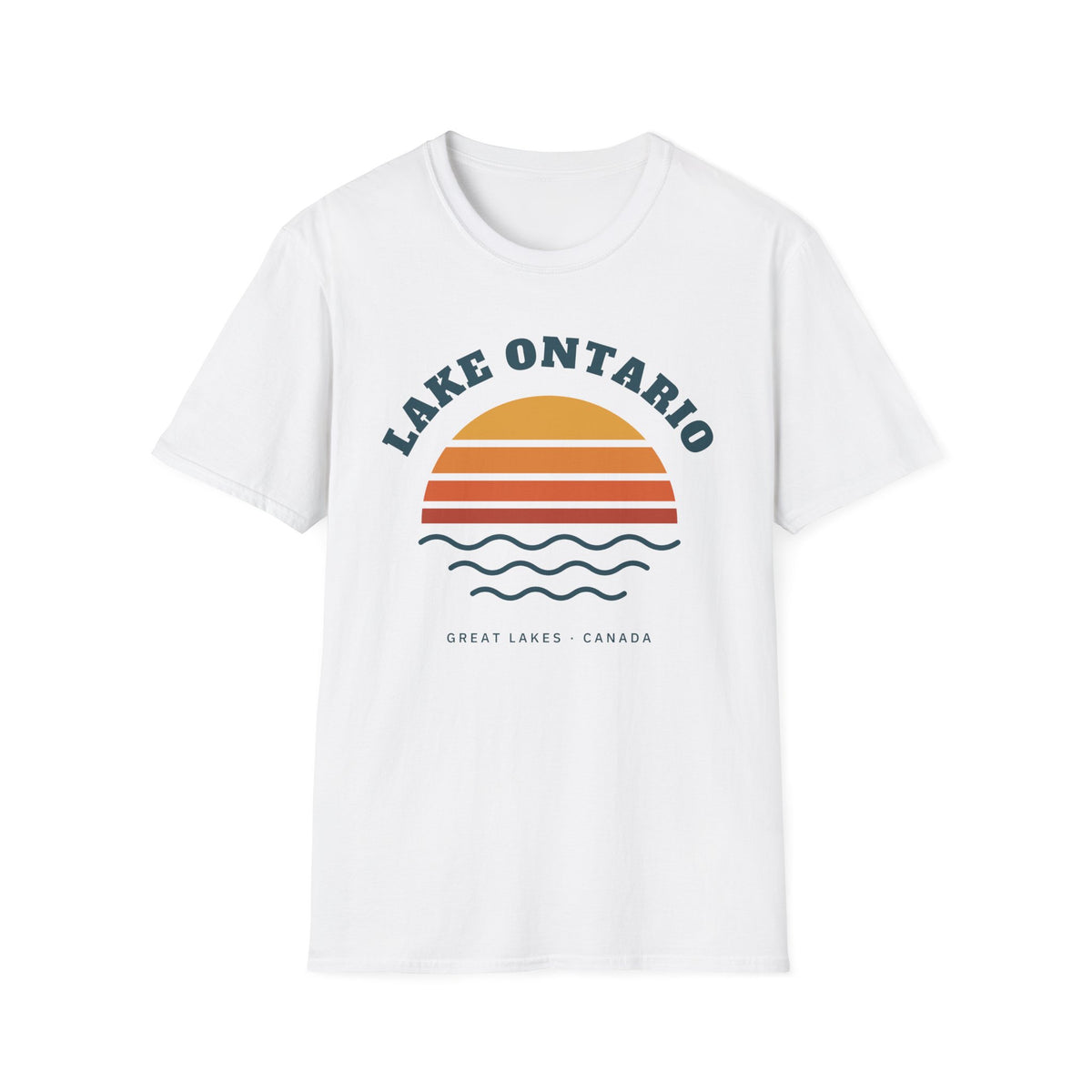 White t-shirt with a retro sunset graphic for Lake Ontario, Great Lakes, Canada.