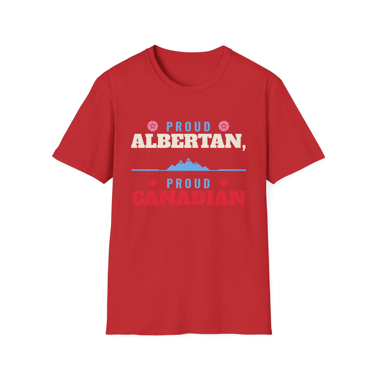 Red t-shirt with "Proud Albertan, Proud Canadian" text and mountain graphic.