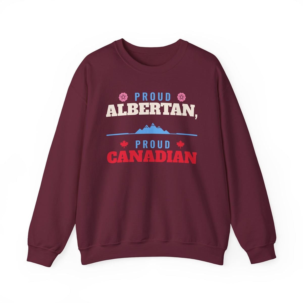 Maroon sweatshirt with text "Proud Albertan, Proud Canadian" and mountain graphic.