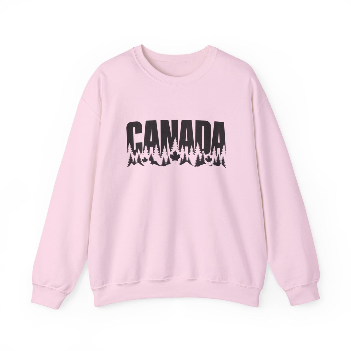 Pink sweatshirt with black "CANADA" text over a forest and maple leaf design.
