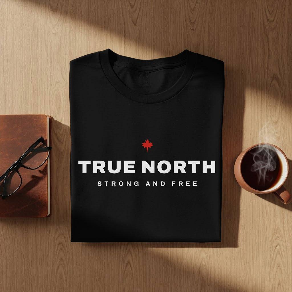 Black t-shirt with "TRUE NORTH STRONG AND FREE" text and a maple leaf.