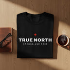 Black t-shirt with "TRUE NORTH STRONG AND FREE" text and a maple leaf.