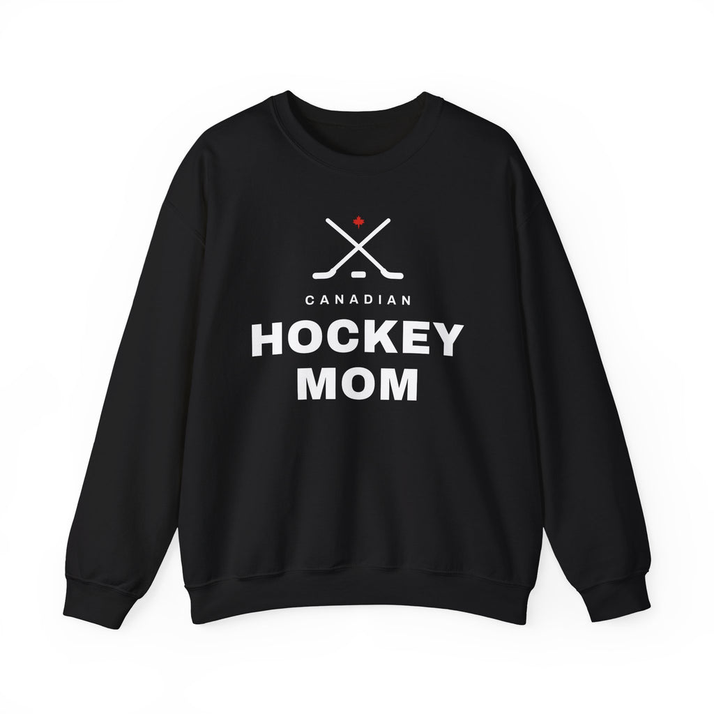 Black sweatshirt with white "Canadian Hockey Mom" text and crossed hockey sticks.