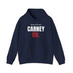 Navy blue hoodie with "keep calm and CARNEY ON." text.