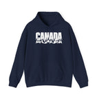 Navy blue hoodie with white "CANADA" text featuring mountains and trees.