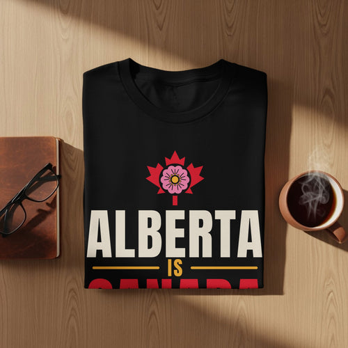 Black t-shirt with "Alberta Is Canada" text and maple leaf logo.