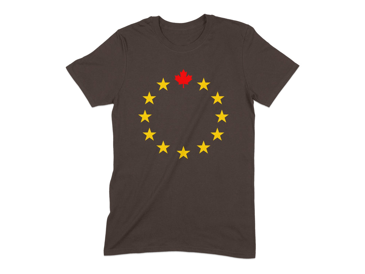 Brown t-shirt with a circle of yellow stars and a red maple leaf.