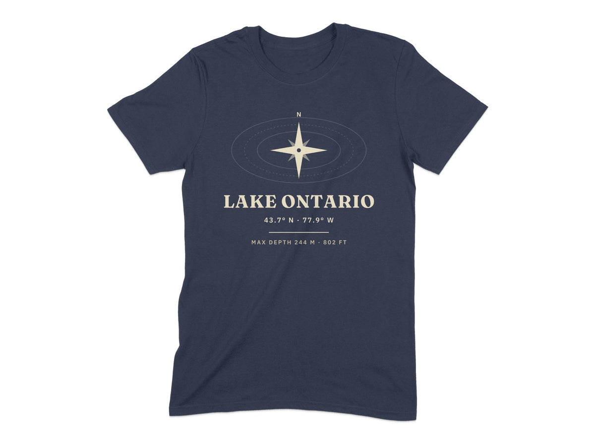 Navy t-shirt with "Lake Ontario" text, compass graphic, and coordinates.