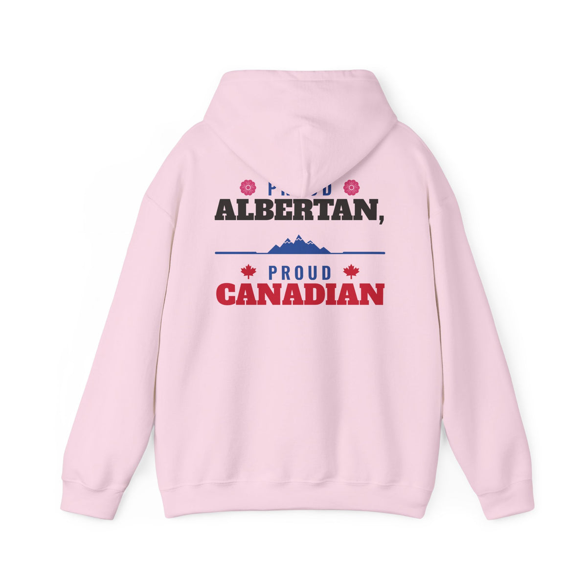 Pink hoodie with "Proud Albertan, Proud Canadian" text and mountain graphic.
