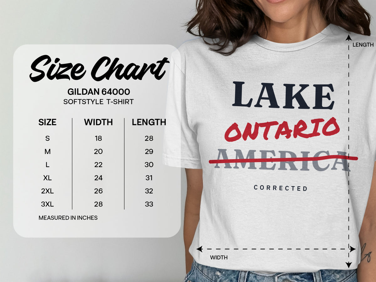 Gildan 64000 Softstyle T-shirt size chart with width and length measurements in inches.