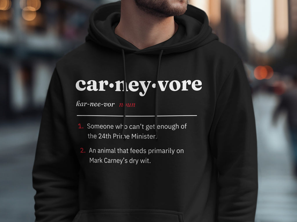 Black hoodie with "car-ney-vore" definition in white text.
