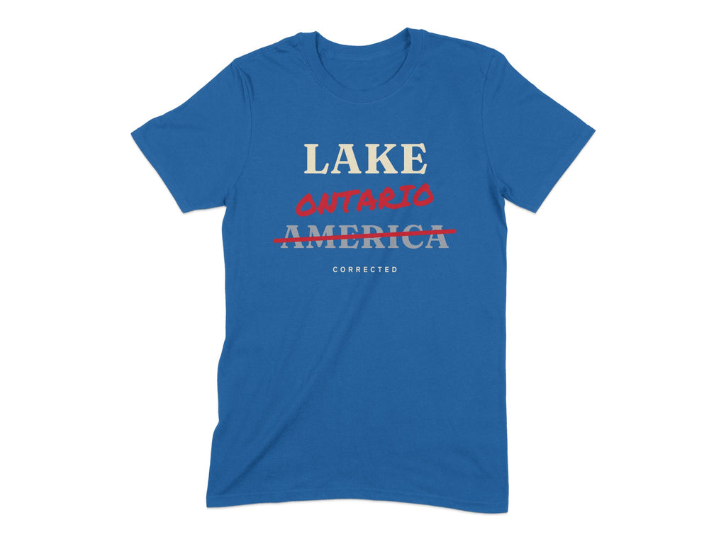Blue t-shirt with "LAKE ONTARIO AMERICA CORRECTED" text.