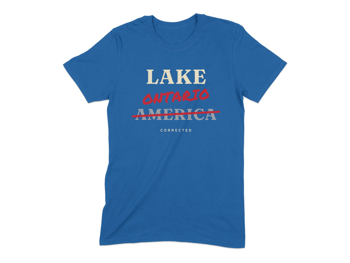 Blue t-shirt with "LAKE ONTARIO AMERICA CORRECTED" text.