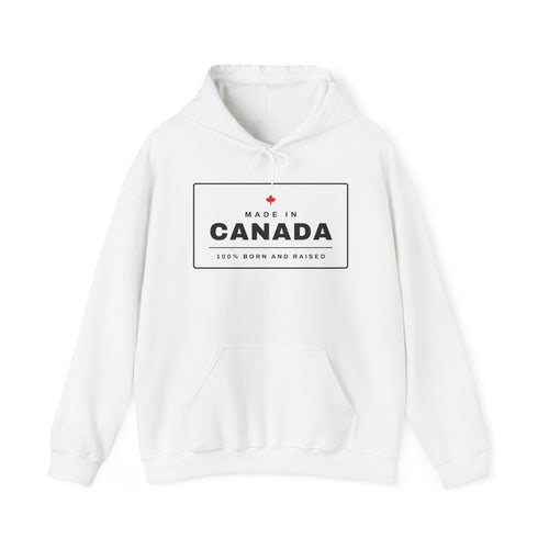White hoodie with "Made in Canada 100% Born and Raised" text and maple leaf.