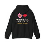 Black hoodie with pink rose, red maple leaf, and text.