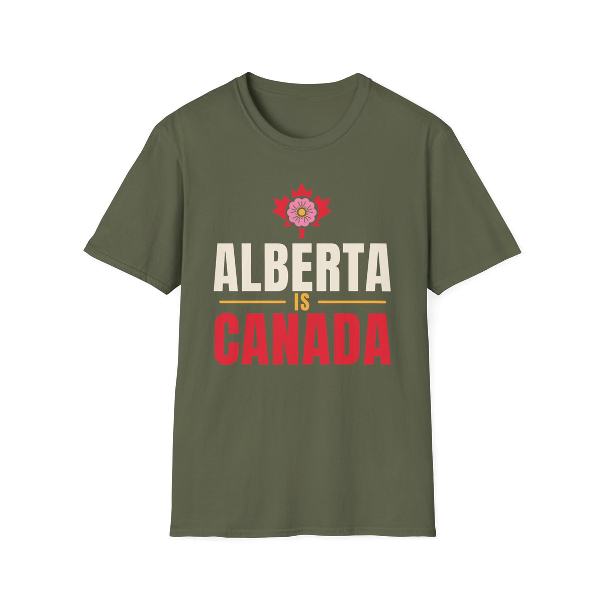 Green t-shirt with "Alberta Is Canada" text and a rose graphic.