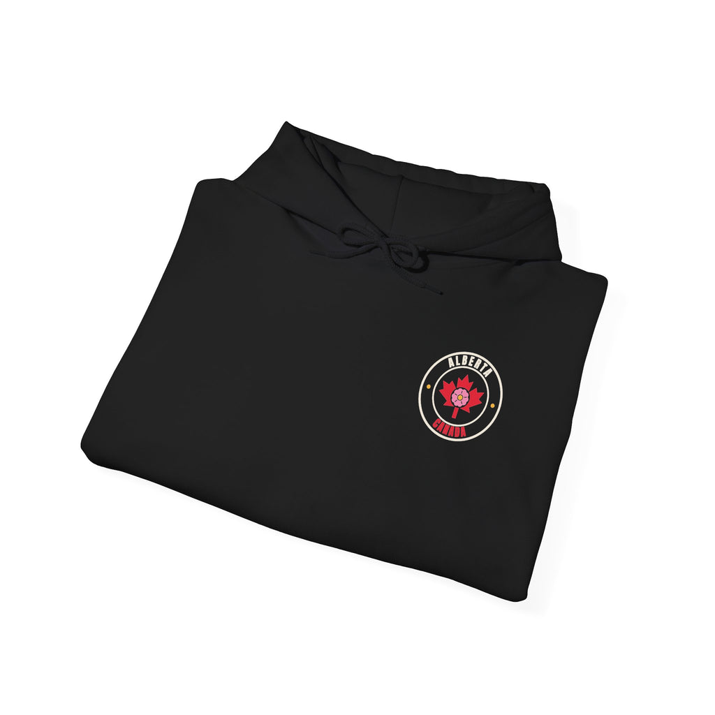 Black hoodie with Alberta Canada embroidered logo on chest