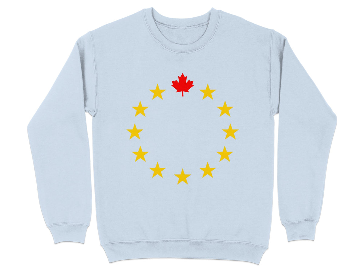 Light blue sweatshirt with a circle of yellow stars and a red Canadian maple leaf.