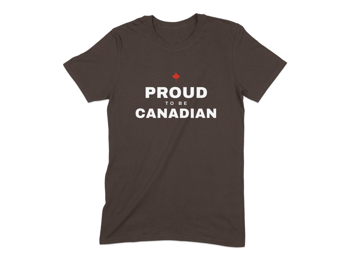 Brown t-shirt with red maple leaf and white text "PROUD TO BE CANADIAN"
