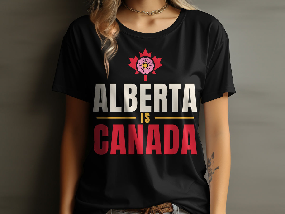 Black t-shirt with "Alberta is Canada" text and Canadian maple leaf emblem.