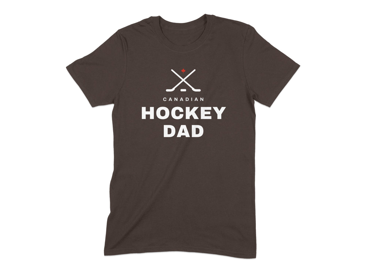 Dark brown t-shirt with white text "CANADIAN HOCKEY DAD" and crossed hockey sticks.