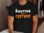 Black t-shirt with "POUTINE ON A COSTUME" text in white and orange Halloween-themed font.