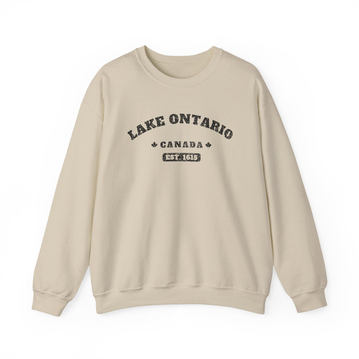 Light tan crewneck sweatshirt with "Lake Ontario Canada Est. 1615" graphic.