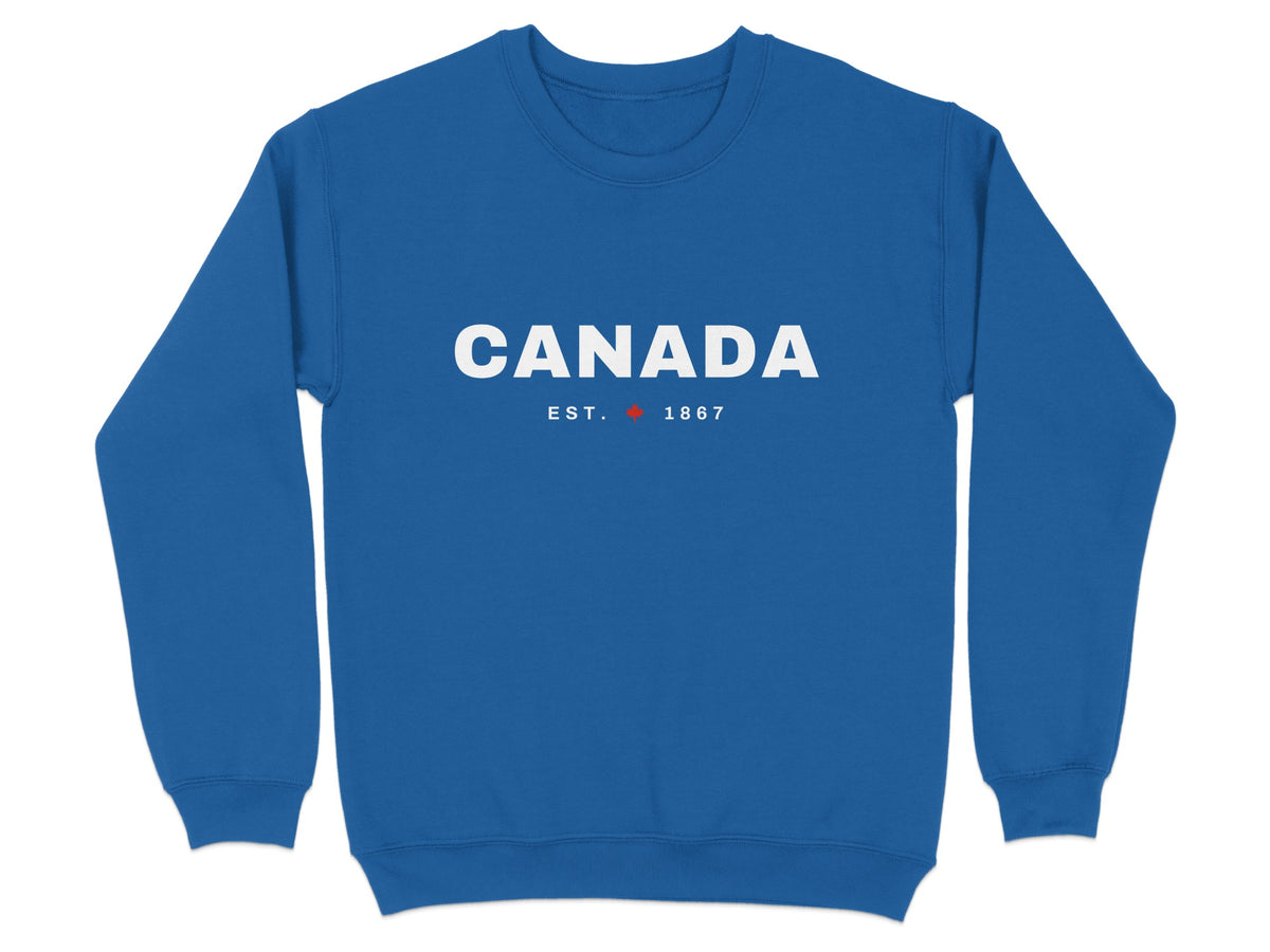 Royal blue sweatshirt with "CANADA EST. 1867" printed in white.
