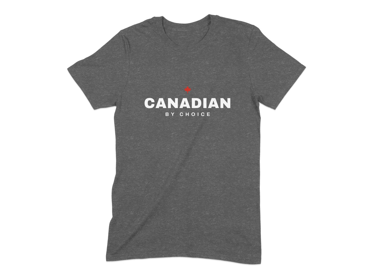 Grey t-shirt with white text "CANADIAN BY CHOICE" and a red maple leaf.