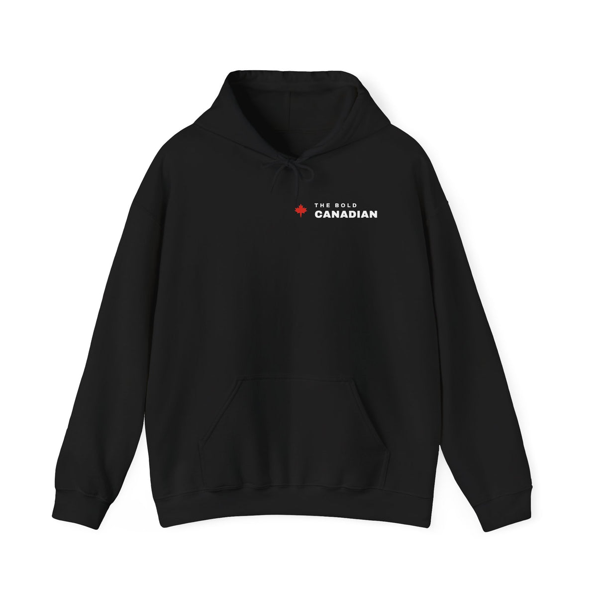 Black hoodie with a small red Canadian flag and white text reading "THE BOLD CANADIAN."