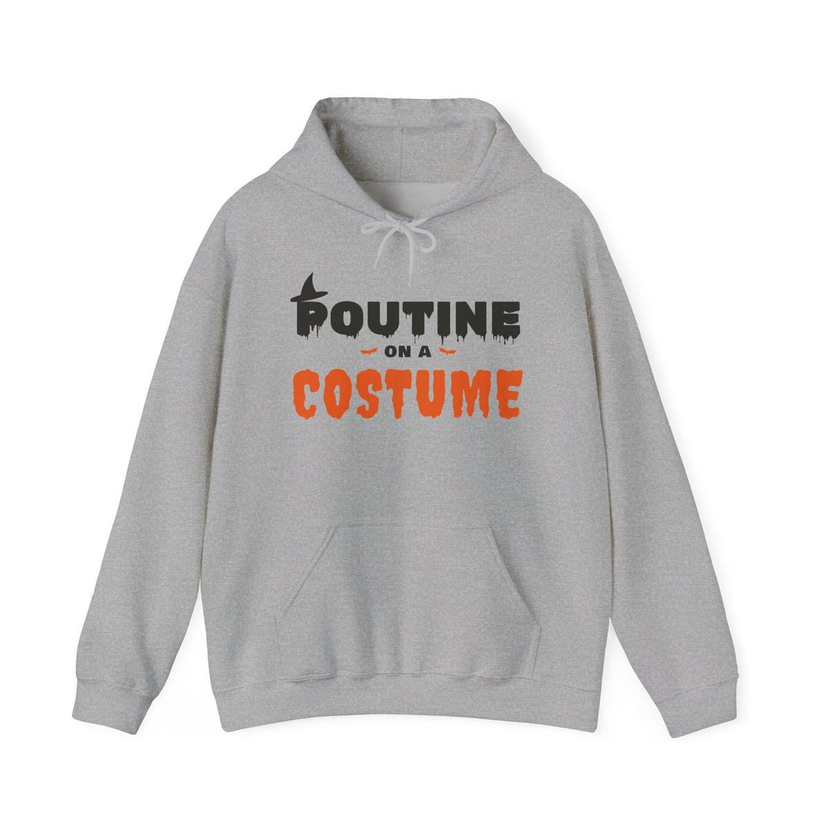 Grey hoodie with "Poutine on a Costume" text and witch hat graphic.