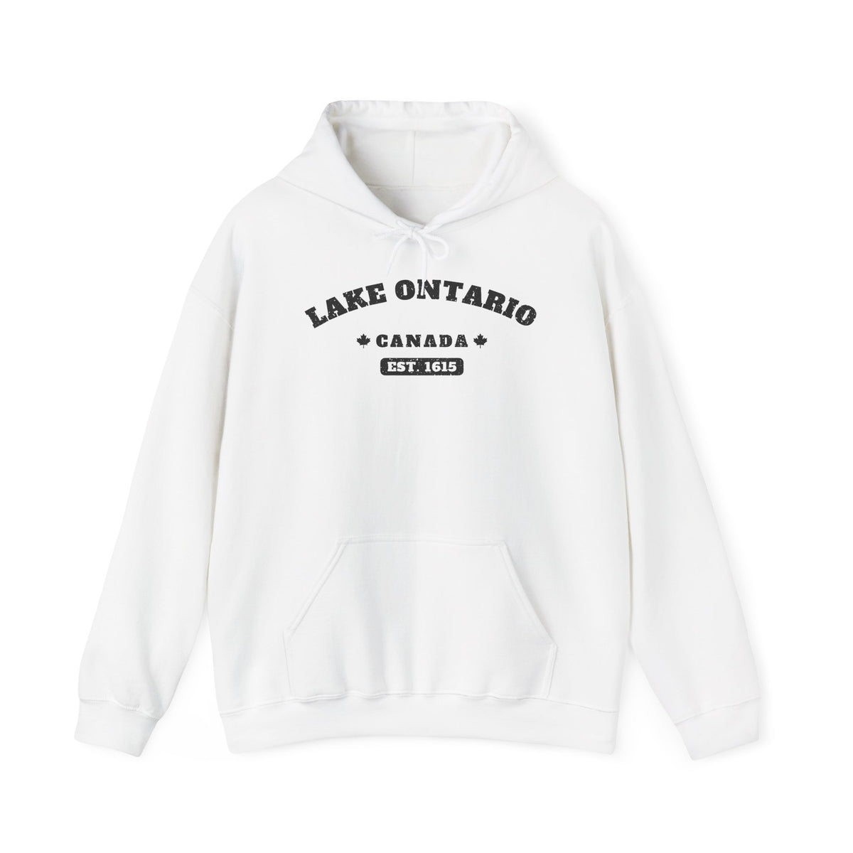 White hoodie with "Lake Ontario Canada Est. 1615" text.