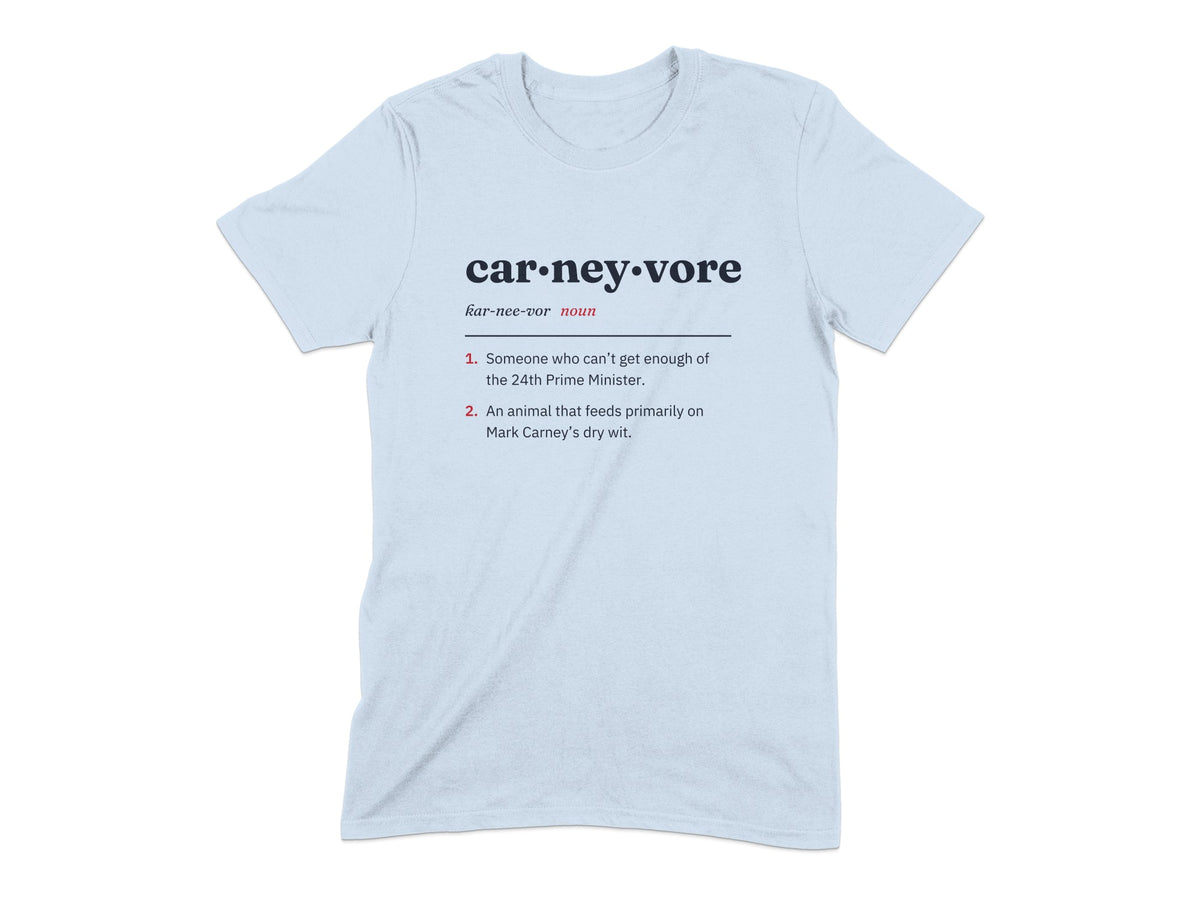 Light blue t-shirt with "car-ney-vore" definition and two listed meanings.