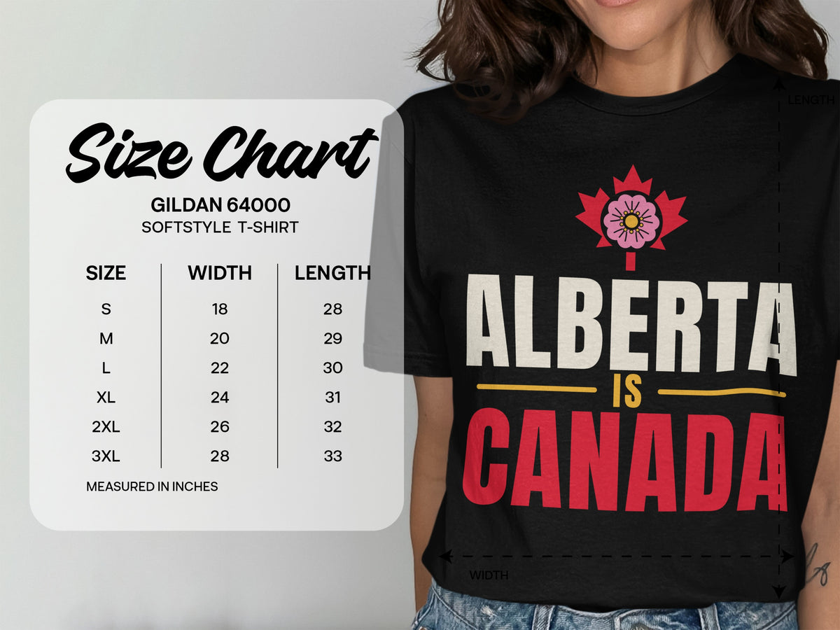Black t-shirt with "Alberta Is Canada" text and size chart.