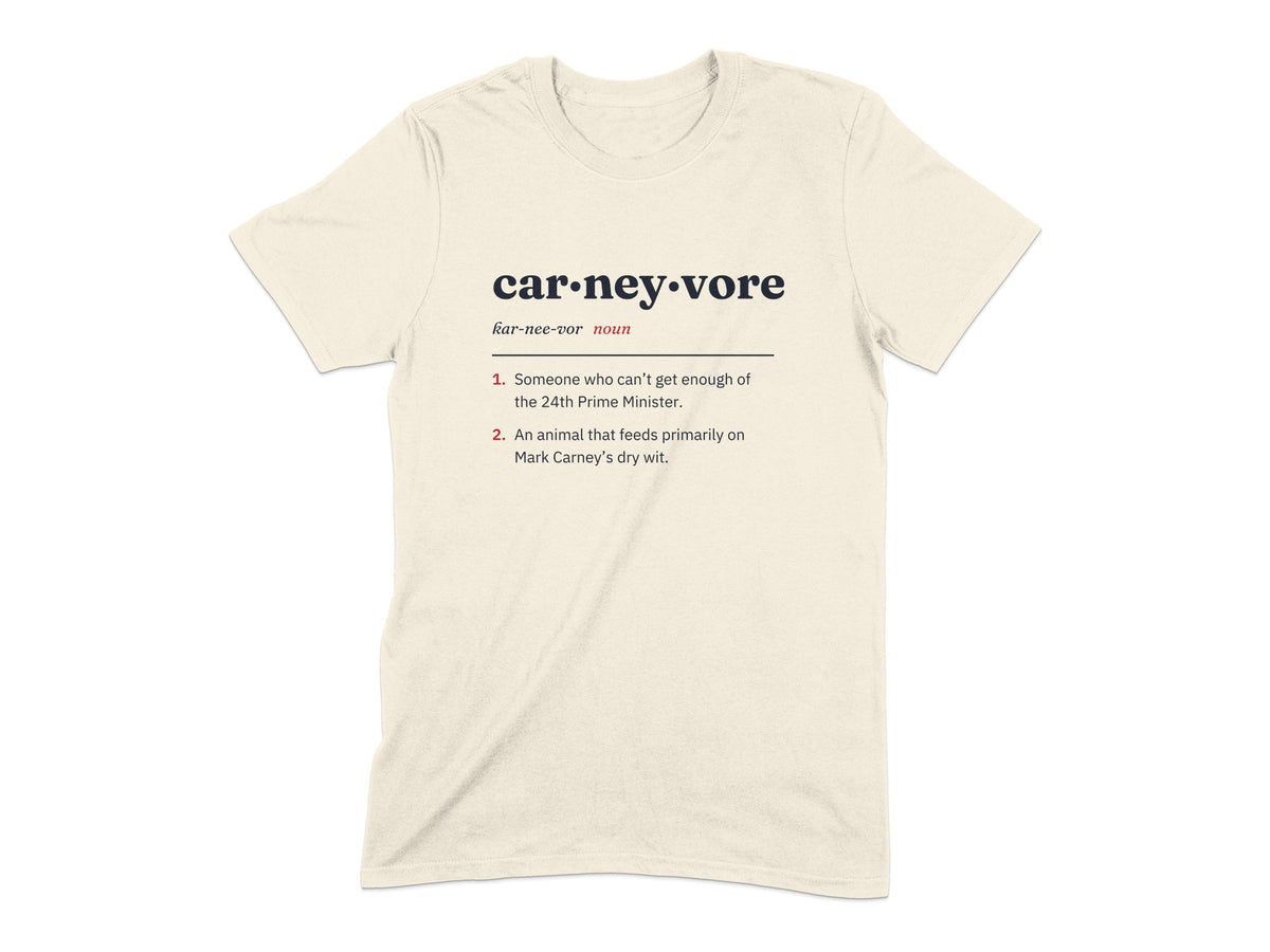 Cream t-shirt with definition of "carneyvore" and two descriptive bullet points.