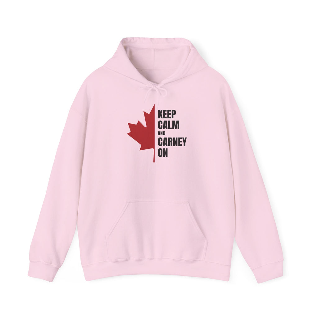 Pink hoodie with a red Canadian maple leaf and "Keep Calm and Carney On" text.