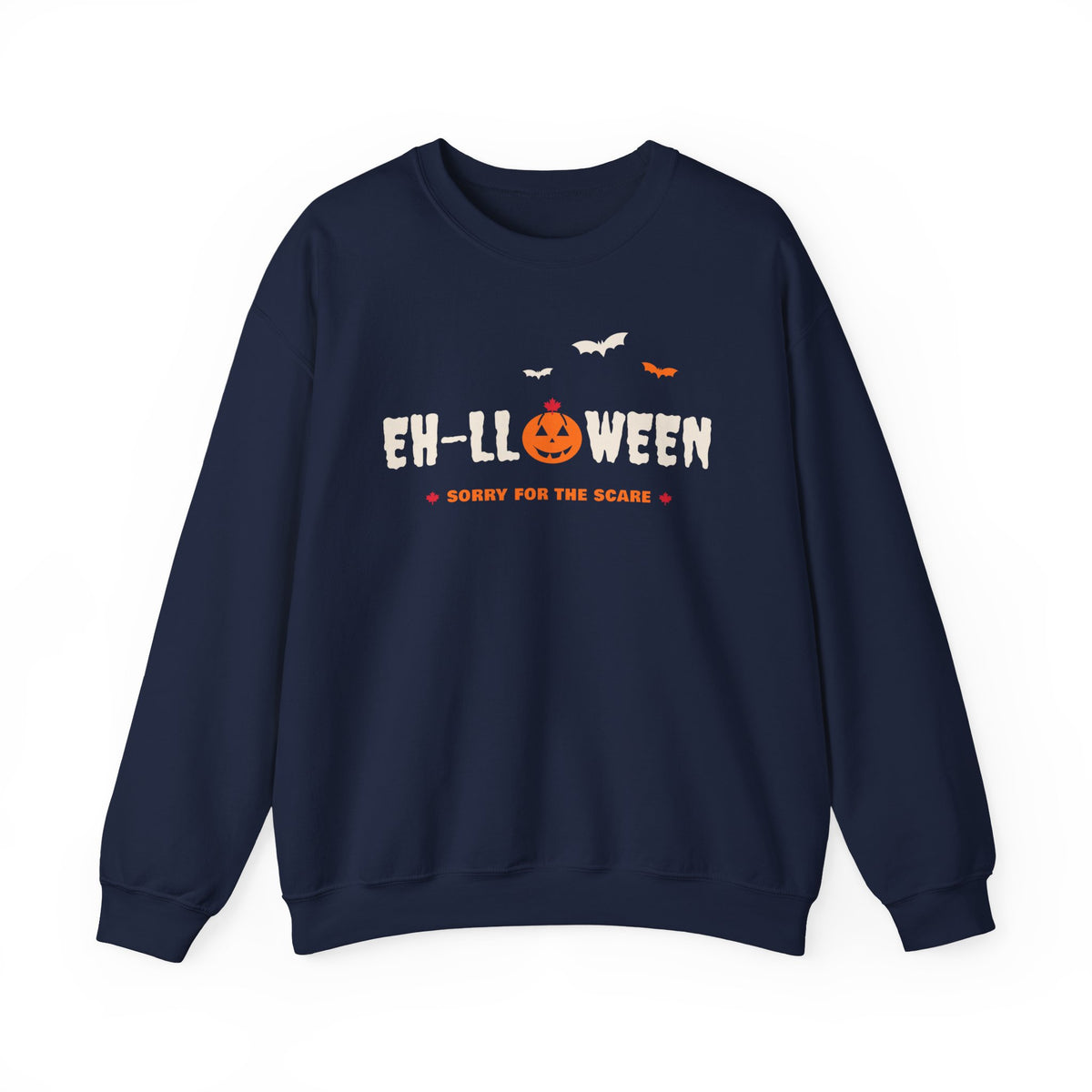 Navy sweatshirt with "EH-LLOWEEN SORRY FOR THE SCARE" and bats.
