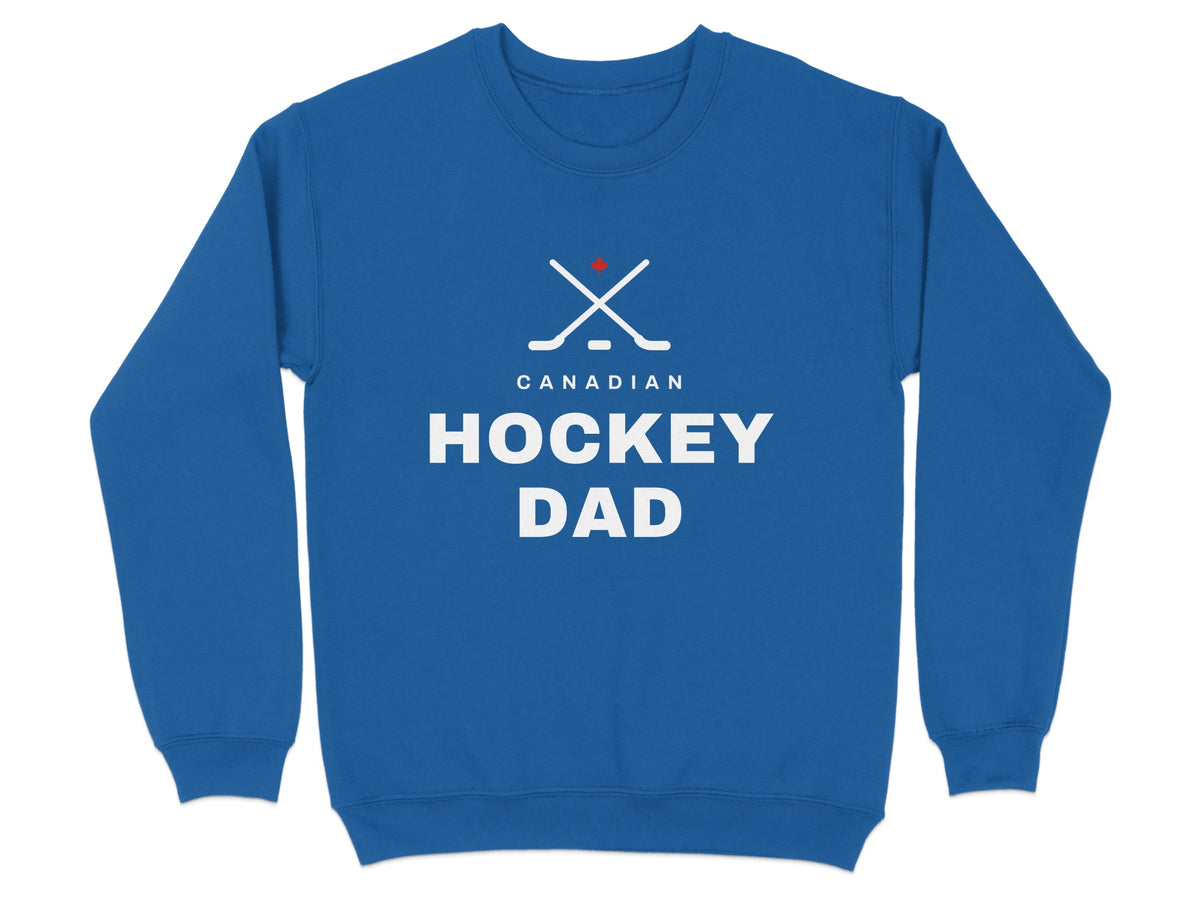 Blue sweatshirt with "Canadian Hockey Dad" text and crossed hockey sticks.